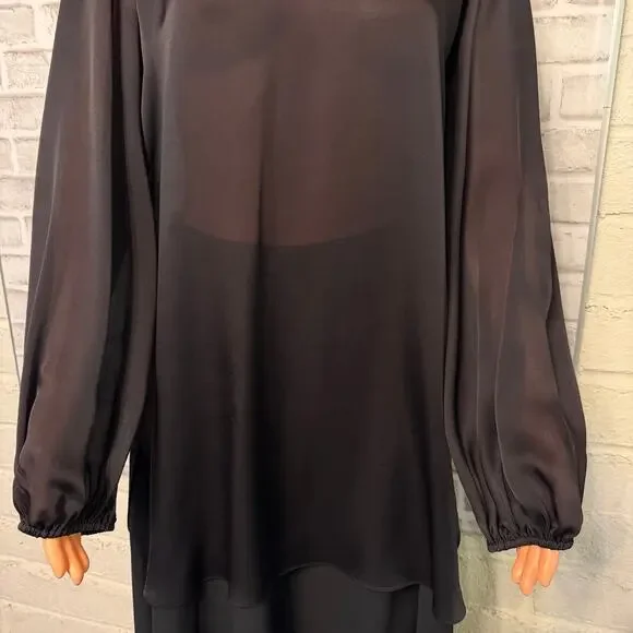 The Row SIlk Sheer Black Tie Open Back Top size XS Bishop Sleeves Tunic Length